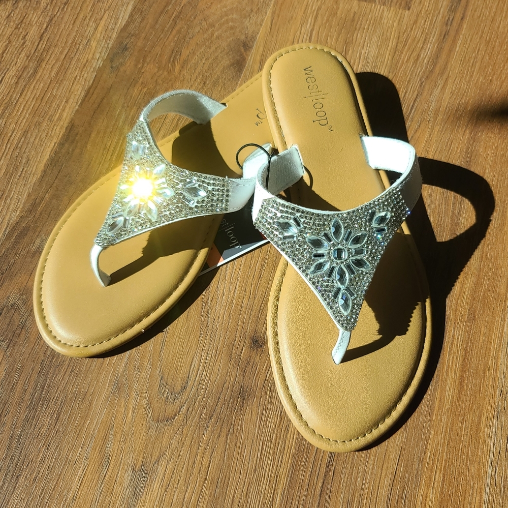 West Loop Tan and Silver Jeweled Thong Sandals